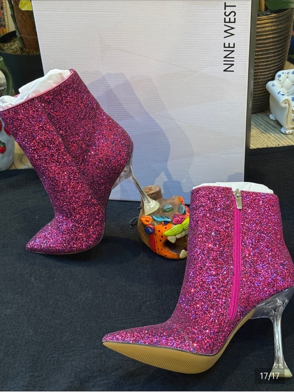 Nine West Tonight Dress Booties Glitter Pointed Ankle Boots in Magenta